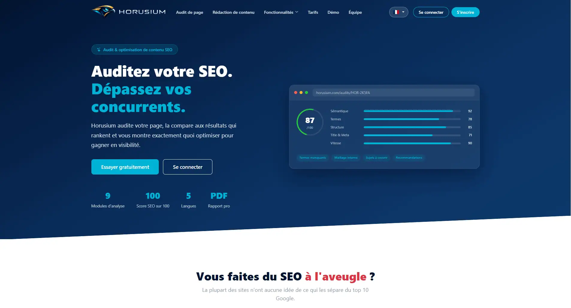 Interface de Horusium, outil de rédaction IA SEO avec analyse sémantique