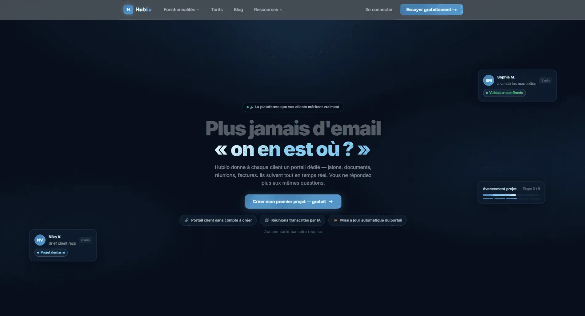 Interface de l'outil collaboratif Hublio pour freelances et auto-entrepreneurs