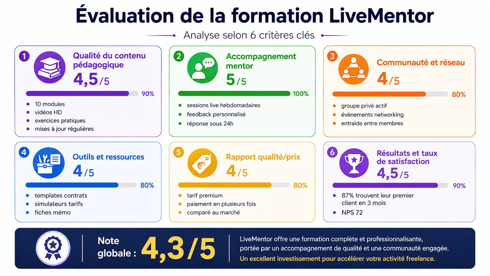Infographie évaluation détaillée par critère de la formation freelance LiveMentor