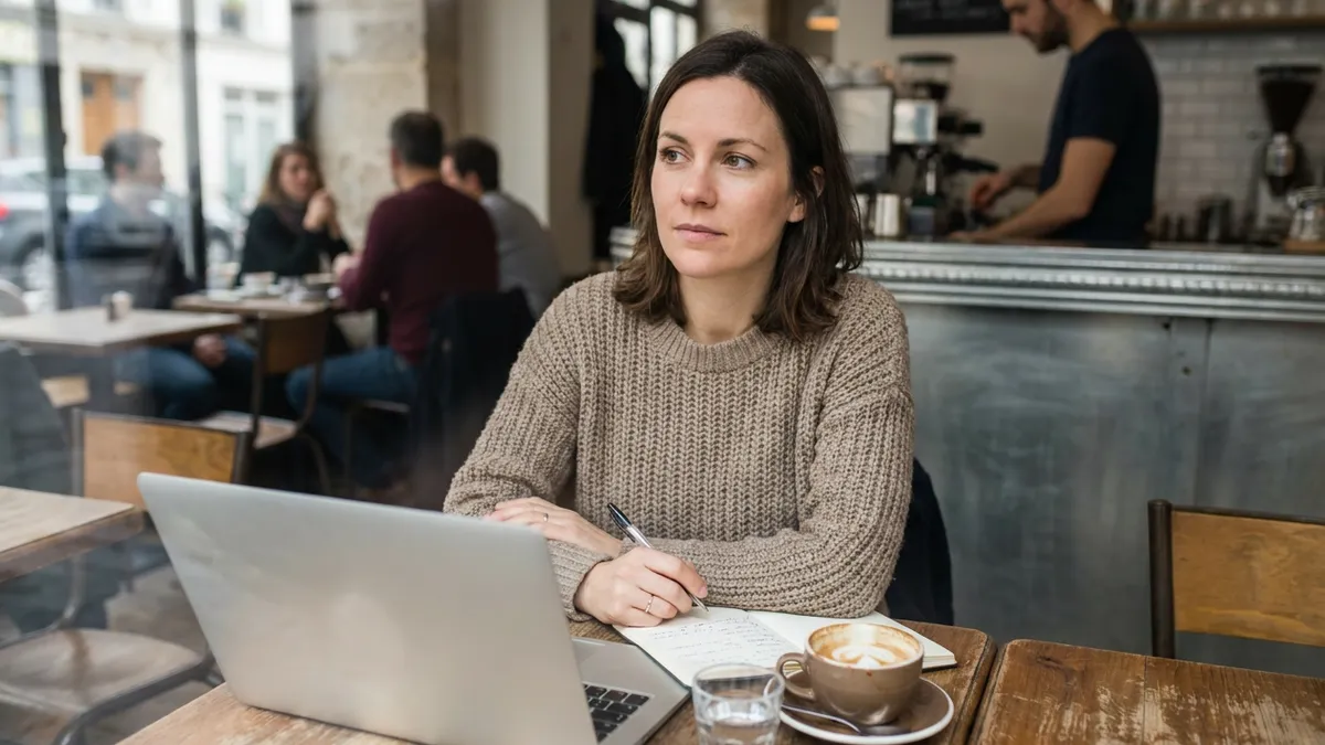 Freelance réfléchissant au choix de sa plateforme dans un café avec son ordinateur