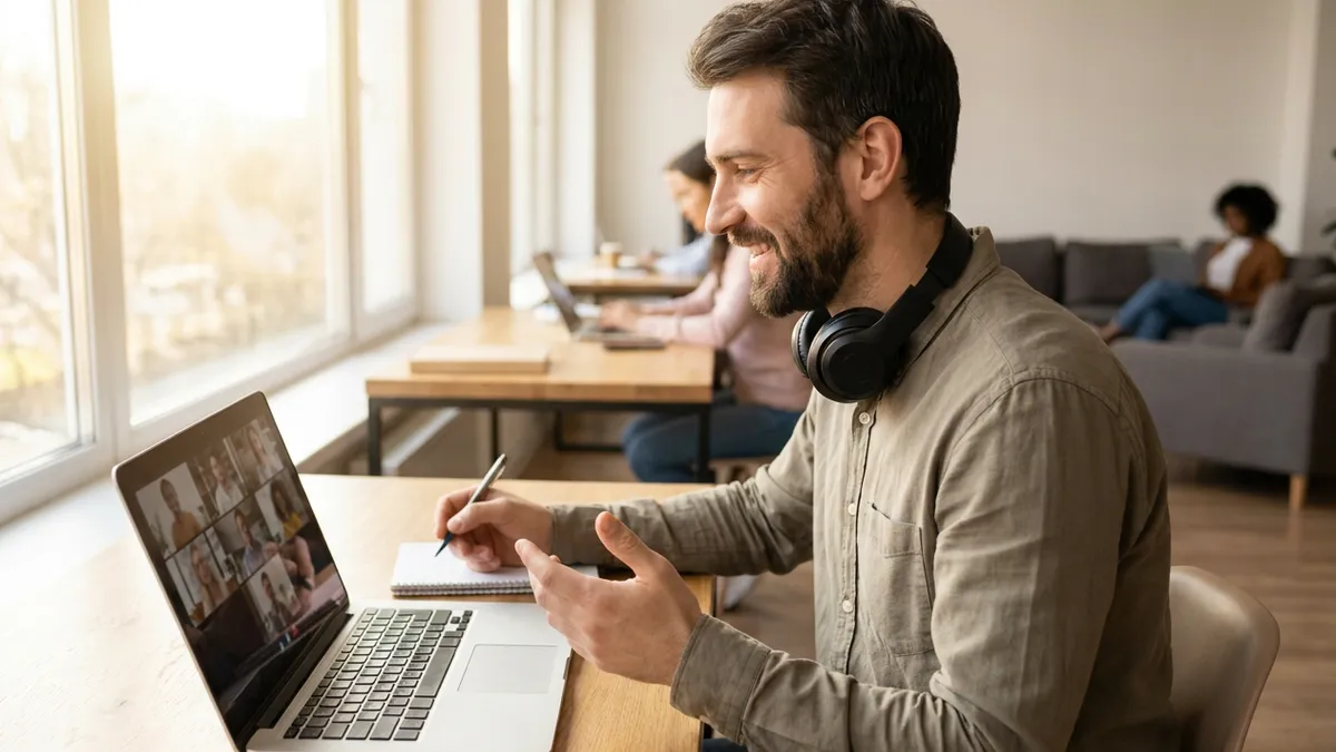 Freelance en visioconférence avec un client depuis un espace de coworking