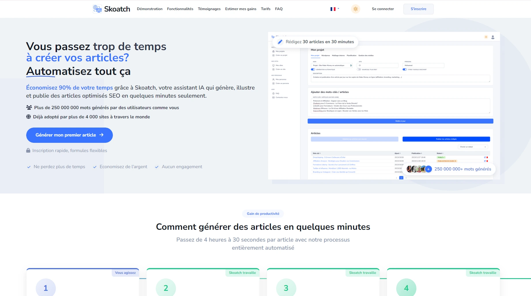 Interface de Skoatch, outil de rédaction IA SEO pour auto-entrepreneurs