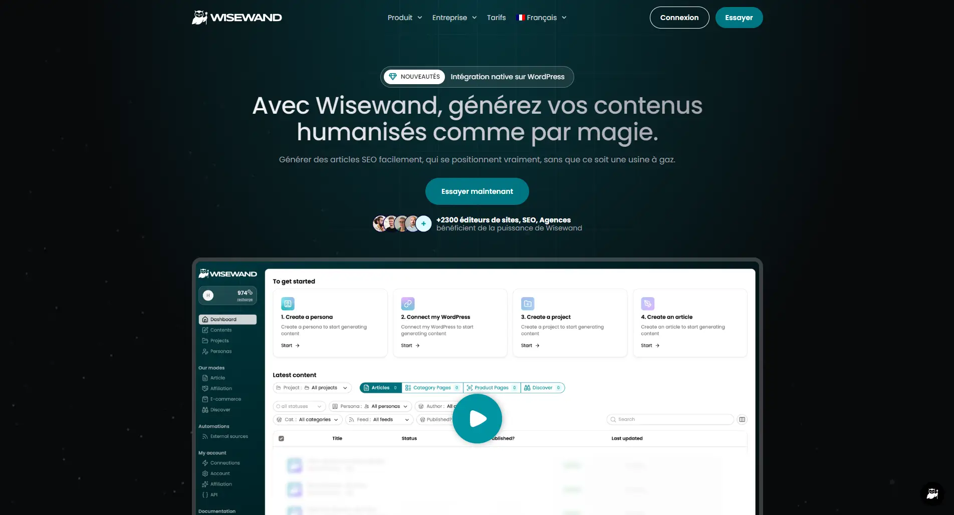 Interface de WiseWand, outil de rédaction IA SEO pour freelances